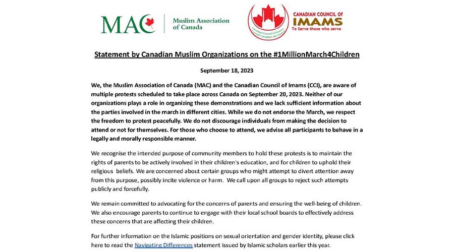 Statement by the Muslim Association of Canada (MAC) and the Canadian Council of Imams on the #1MillionMarch4Children