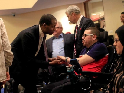 Member of Parliament for Hull-Aylmer Greg Fergus speaking with Aymen Derbali at the Centre Islamique de l&#039;Outaouais (CIO)