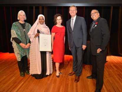 Rowda Mohamud won the inaugural Ross and Davis Mitchell Prize for Faith and Writing in October. Left to Right: Deborah Bowen (poetry judge), Rowda Mohamud, Davis Mitchell (Prize Sponsor), Michael Van Pelt (Cardus), and George Elliott Clarke (Canadian Parliamentary Poet Laureate)