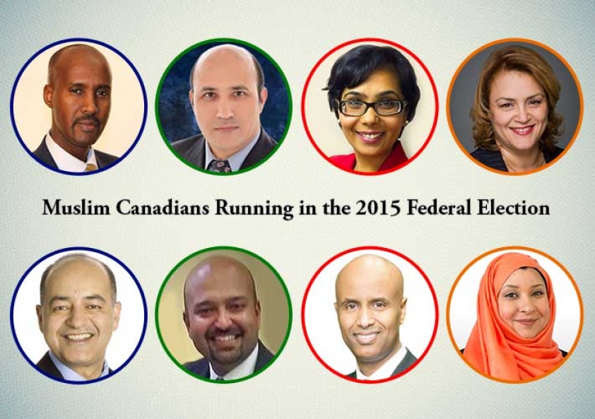 Some of the Muslim Canadians running in the 2015 Federal Election. Clockwise starting from the Top: Ala Burzeba (Calgary Liberal Candidate), Omar Alghabra (GTA Liberal Candidate), Faisal Hassan (GTA NDP Candidate), Farheen Khan (GTA NDP Candidate), Mohammad Zamir (Montreal Conservative Candidate), Abdul Abdi (Ottawa Conservative Candidate)
