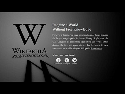 To raise awareness about the potential harms of SOPA and PIPA, Wikipedia joined an internet blackout on Jan. 18.