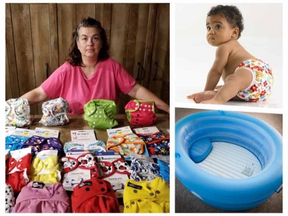 Anna Mascieri-Boudria, founder of Bumbini, a cloth diaper company, with some of the diapers from their collection. Top right: baby wearing Canadian-made Bummis diapers. Bottom right: birth pool, available for rental from Bumbini.