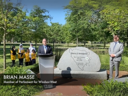 MP Brian Masse speaks in July 2020 at the Srebrenica Memorial in Windsor, Ontario
