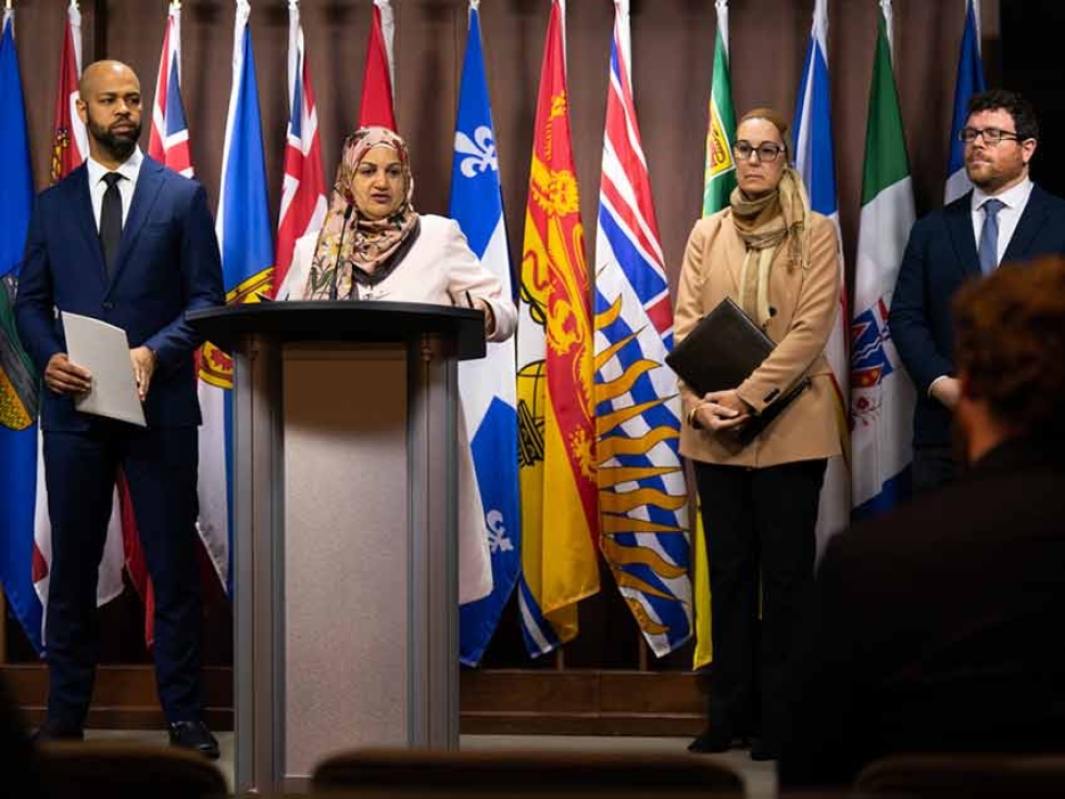 MP Salma Zahid speaks at a press conference with members of the National Council on Canadian Muslims (NCCM) on May 2nd, 2023