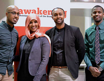 Yunis Habbane, Integration TV Host Hodan Nayaleh, Sharmaarke Abdullahi, and Ahmad Hussein at the Awakening the Spirit of Somali Youth 2015