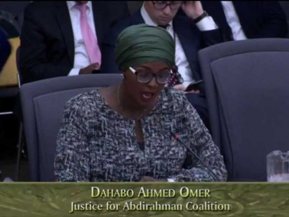 Dahabo Ahmed-Omer makes a statement to the Standing Committee on Justice Policy at the Ontario Legislature on behalf of the Justice for Abdirahman Coalition.