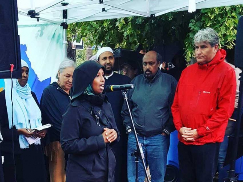 Justice for Abdirahman co-chair Farhia Ahmed speaking on July 24, 2017, the one year anniversary of the death of Abdirahman Abdi