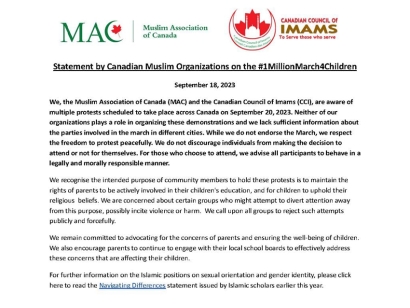 Statement by the Muslim Association of Canada (MAC) and the Canadian Council of Imams on the #1MillionMarch4Children
