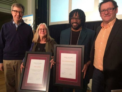 Mayor Jim Watson introduced Ottawa’s new poets laureate, Andrée Lacelle (French) and Jamaal Jackson Rogers (English), with VERSe Ottawa president Yves Turbide.