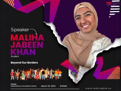 In 2024, Maliha Jabeen Khan spoke at TEDxRegina in Regina, Saskatchewan 