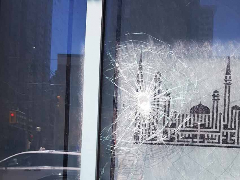 Recently broken window at Masjid Toronto