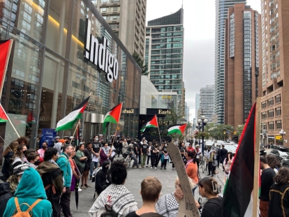 Protestors in front of an Indigo Bookstore in Toronto in September 2024.