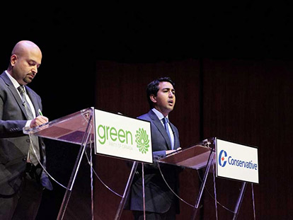 Muslims running in the Federal Election: Adnan Shahbaz for the Green Party and Karim Jivraj for the Conservative Party, speak at the “Young, Canadian and Muslim - Making Our Ballots Count!” Federal Election Debate.