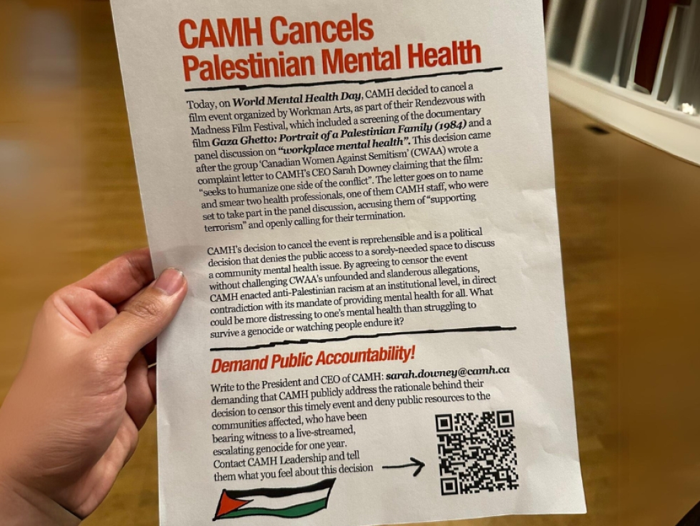 Anti-Racism Program of the CJPME Foundation (ARPCF) Condemns Centre for Addiction and Mental Health (CAMH) for Cancelling Palestinian Mental Health Event