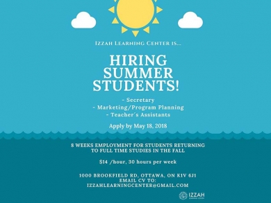 Izzah Learning Center for Women is hiring students for the summer. The deadline to apply is May 18.