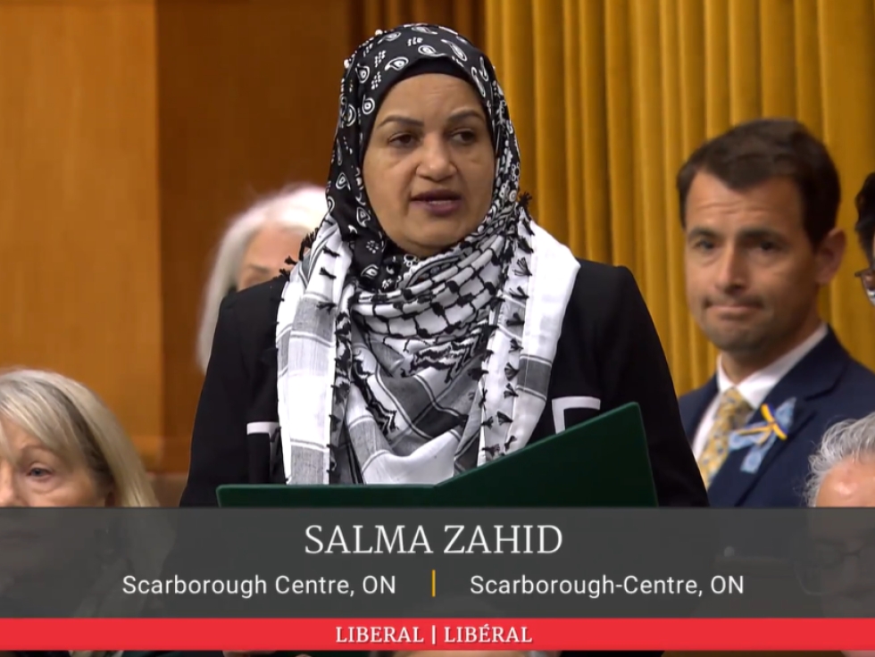 MP Salma Zahid, wearing a Palestinian kuffieyh, while speaking in the House of Commons