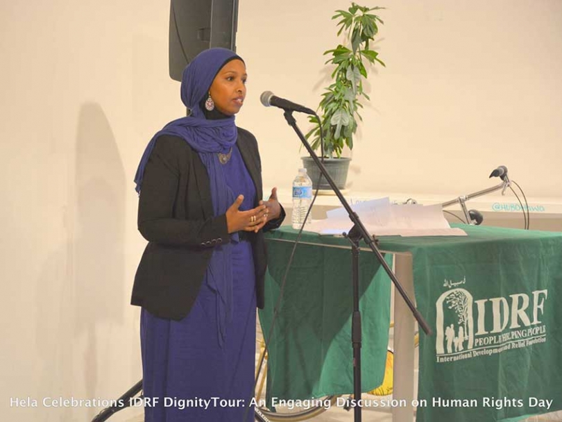 Farhia Ahmed, co-chair of the Justice for Abdirahman Coalition, speaking at the IDRF Dignity Tour in Ottawa.