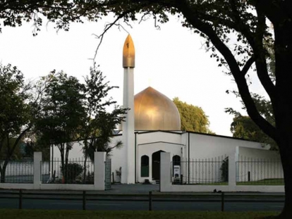 The scene of the mass shooting, Masjid Al Noor mosque on Deans Avenue, in Christchurch. 