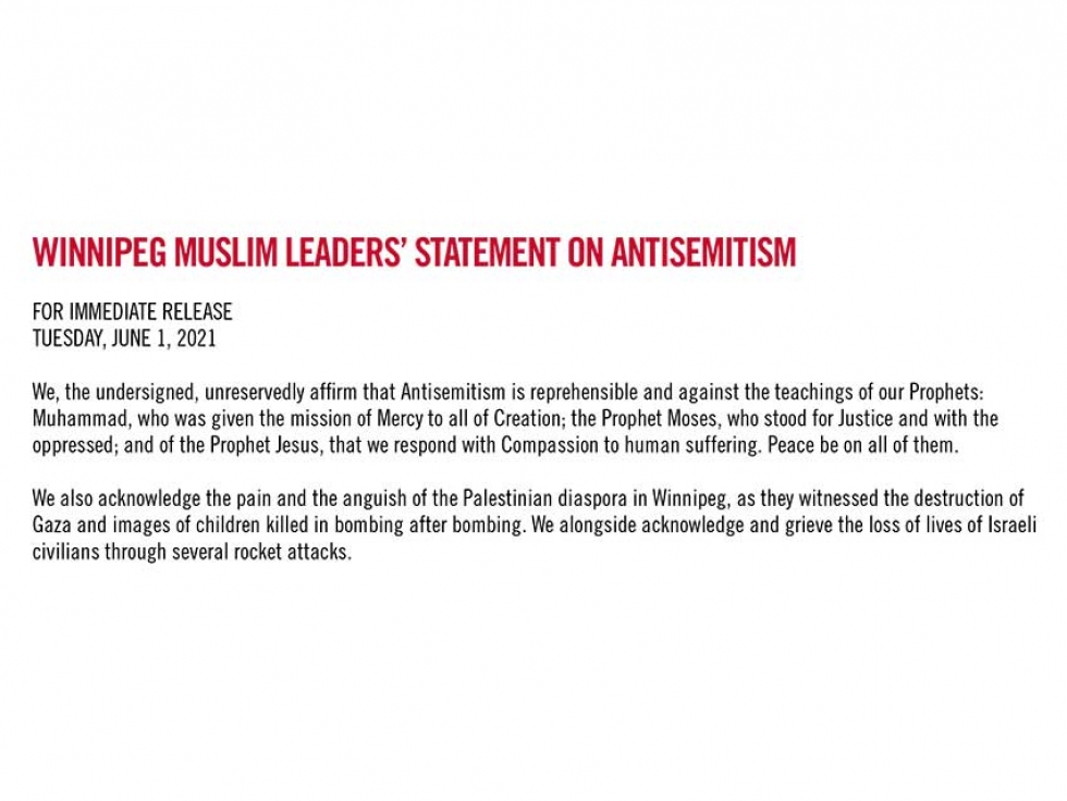 Winnipeg Muslim Leaders Statement on Antisemitism