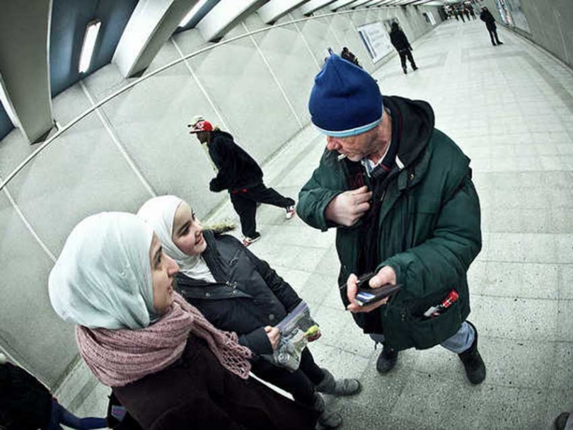 Me, the Muslim Next Door&#039;s Suad Bushnaq out on a Montreal street canvassing for Doctors without Borders.