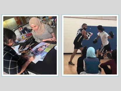 Refugee youth participate in programs at Human Endeavour, a non-profit organization dedicated to inclusion of marginalized communities in Vaughan, in the Greater Toronto Area. Left: Rina Singh conducts a self-portrait workshop through art and poetry. Right: Maulik Chaudhari leads muai thai/kickboxing sessions.