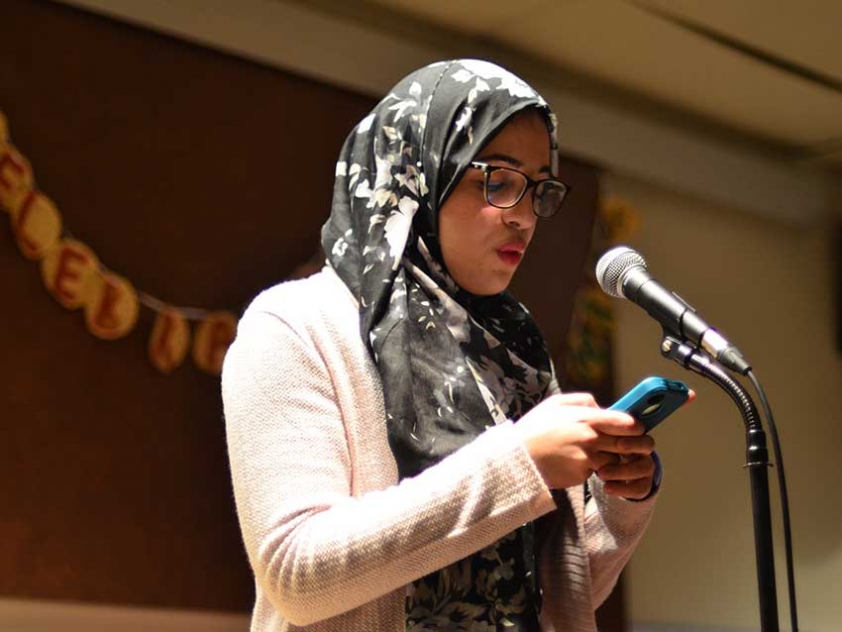 Hidayet Abbad performing her poem at Sanad Collective&#039;s Letters to the Beloved Awards Ceremony at the University of Ottawa