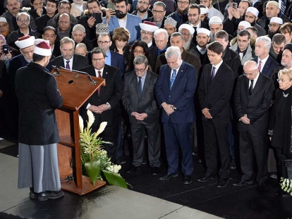 Political dignitaries attend the funeral for three of the six victims of the Quebec City mosque shooting in Montreal in February 2017.