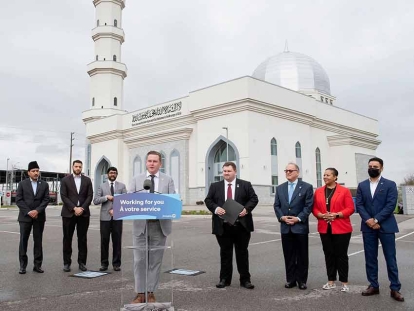 MPP Graham McGregor speaks in front of Masjid Mubarak announcing the launch of Ontario&#039;s Anti-Hate Security and Prevention Grant