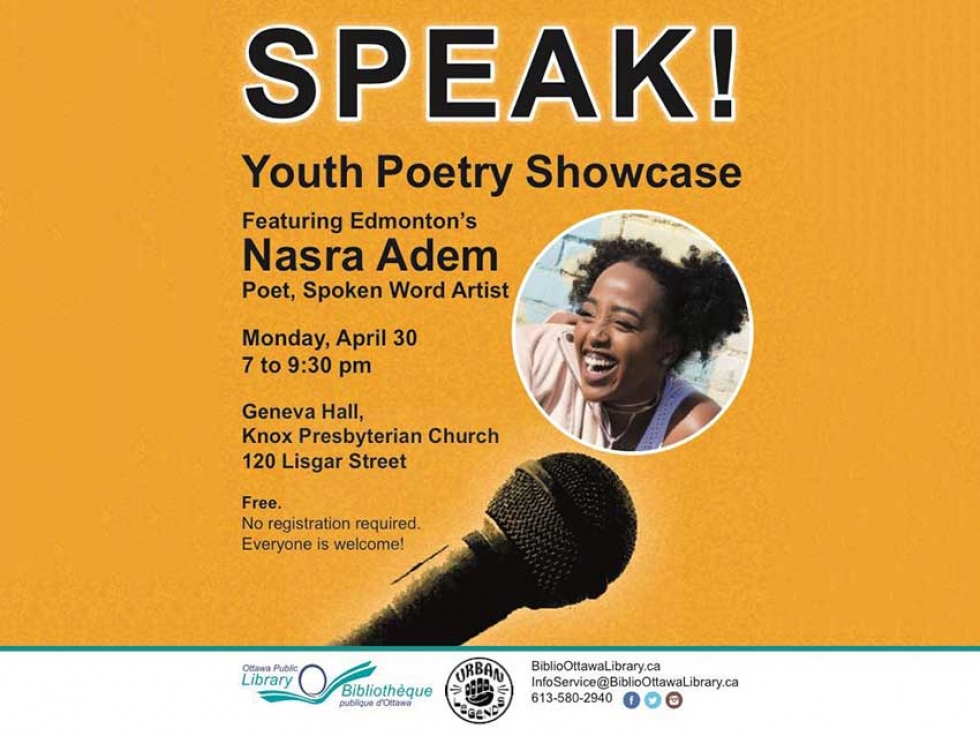 Nasra Adem, will be in Ottawa on Monday, April 30 at 7pm as part of the Youth Speak Ottawa showcase.