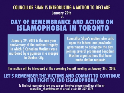 Councillor Neethan Shan to introduce motion to declare January 29 as a Day of Remembrance and Action on Islamophobia