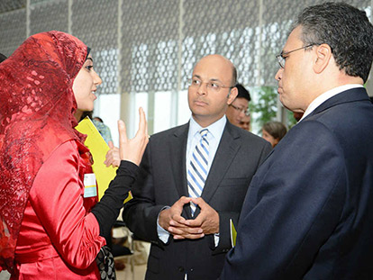 Hoda Mroue with Mr. Khalil Z. Shariff, Chief Executive Officer at AKFC (center) and Mr. Mohamed Fakhry Minister Plenipotentiary &amp; Deputy Head of Mission for Egypt (right) at the Aga Khan Foundation Canada’s 25th Anniversary Celebration of the International Youth Fellowship Program.