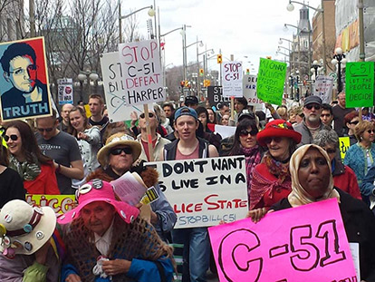 On April 18, Canadians demonstrated against Bill C-51 across Canada. In Ottawa, demonstrators walked through the Byward Market in order to raise awareness about the dangers of the bill.