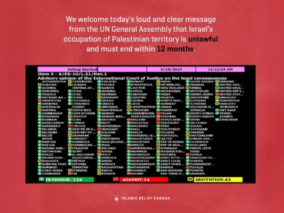 Islamic Relief Canada Response to UN Vote on Israel's Occupation of Palestinian Territories