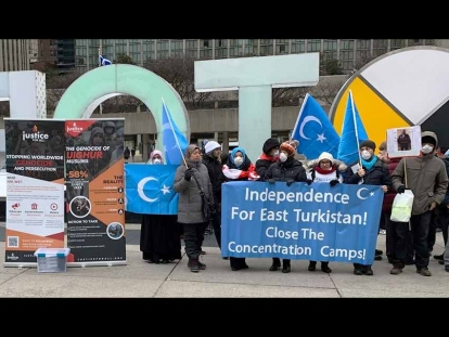 Justice for All Canada supporting a demonstration by Uyghur Canadians in 2020.