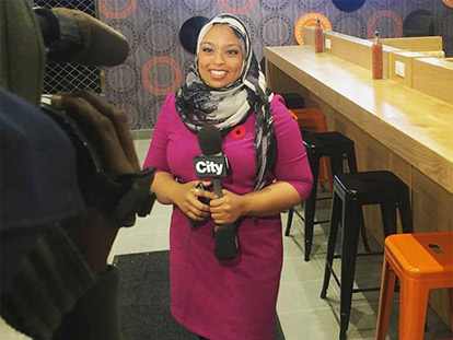 On November 18 2016, Ginella Massa was asked to sit in as news anchor on City TV, where she currently works as a reporter, thus becoming the first hijabi to anchor a newscast in Canada.