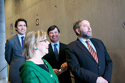 Liberal Party Leader Justin Trudeau, Conservative MP Michael Chong, Green Party Leader Elizabeth May, NDP Party Leader Tom Mulcair