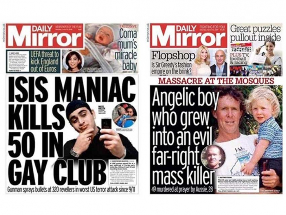 Comparison of the Daily Mirror&#039;s cover pages for the Orlando shooting versus the New Zealand Mosque shooting.
