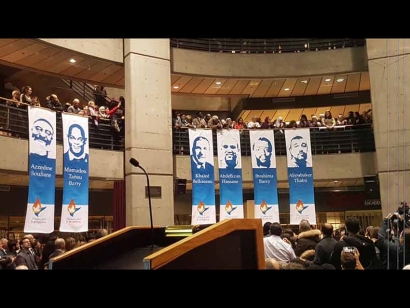 Banners memorializing the victims of the Quebec Mosque Shooting at the first anniversary of the attack at an event in Quebec City.