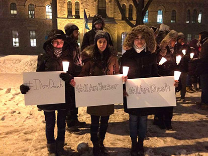 Hiba Rachid, Ruba Adas, and Marwa Halak at the February 11th vigil for the victims of the Chapel Hill Shooting.