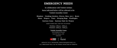 Donate Requested New Items in Ottawa for Those Impacted by the Earthquake in Turkey