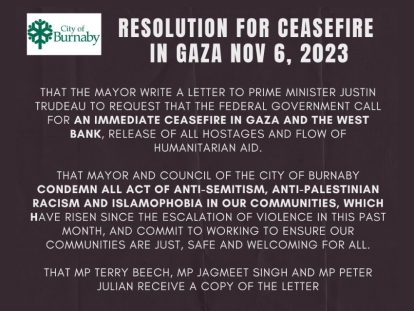 The City of Burnaby Calls for an Immediate Ceasefire in Gaza