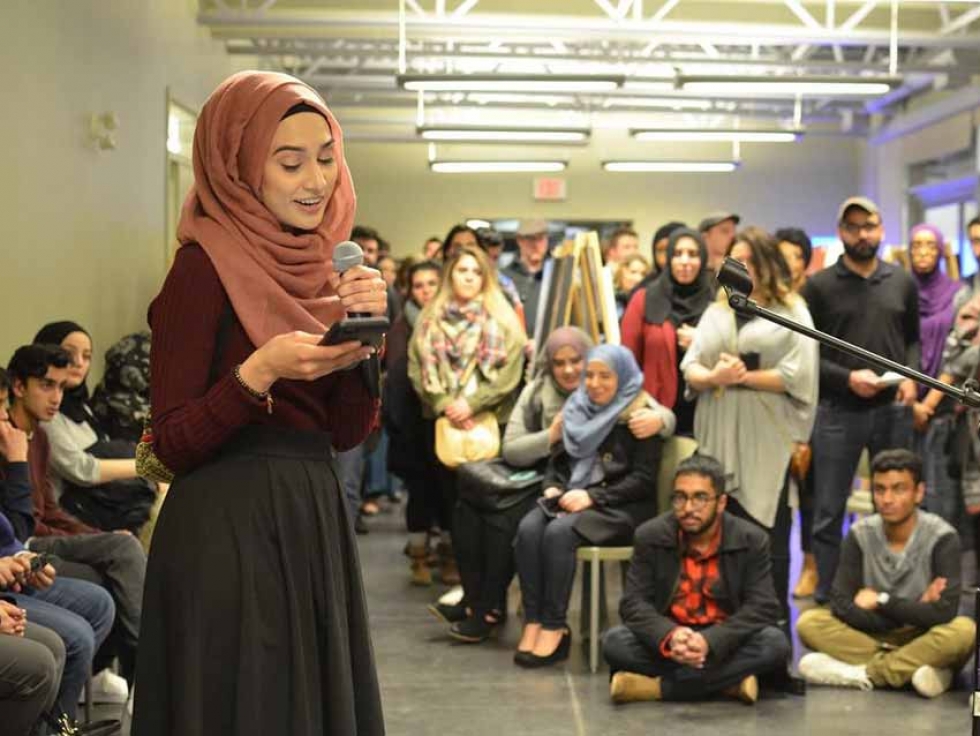 Spoken word poet  Maha Malik performing at the annual Muslim Art Movement event organized by the Western Muslim Initiative in Calgary, Alberta.