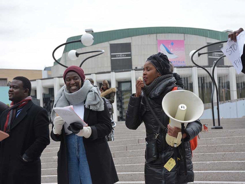 Somali Canadian Yasmine Mo speaks at a demonstration against the enslavement of African migrants in Libya on November 18 in Montreal.